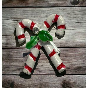 Vintage Candy Cane Christmas Pin Brooch White Red Striped with Holly Leaf
